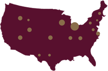 Map of the USA with pin-pointed state locations where ORG's products are available